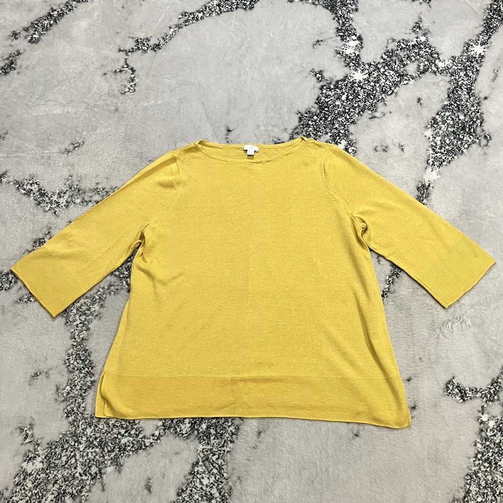 J.Jill Yellow‎ Lightweight Knit Sweater Womens L 3/4 Sleeve Crew Neck Pullover